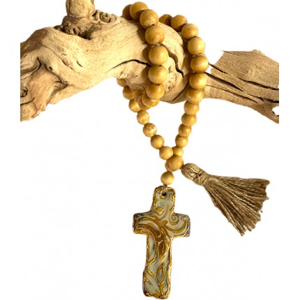 32" Wooden Beads with Clay Cross