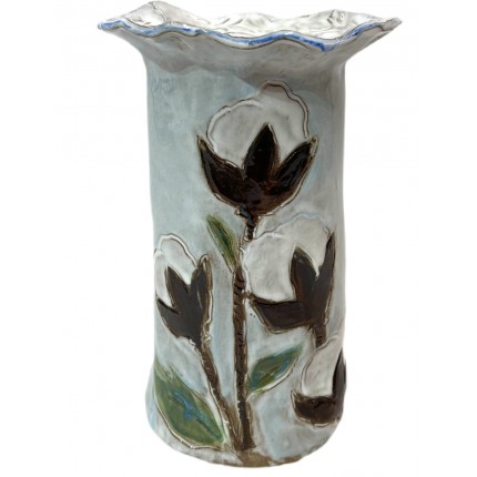 Vase 10" X 7" w/Cotton w/Blue Background